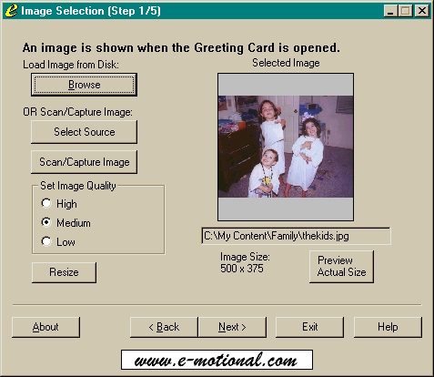 Screenshot of e-motional Greeting Card Creator