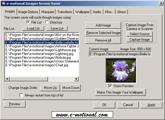 e-motional Images Screen Saver - Create screensaver:JPEG,GIF,BMP images + MP3